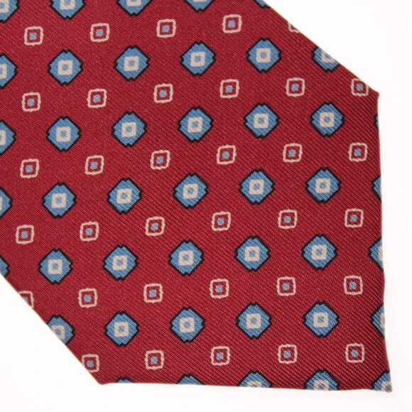 Drake's NWT Neck Tie in Red with Light Blue & White Geometric Pattern 100% Silk